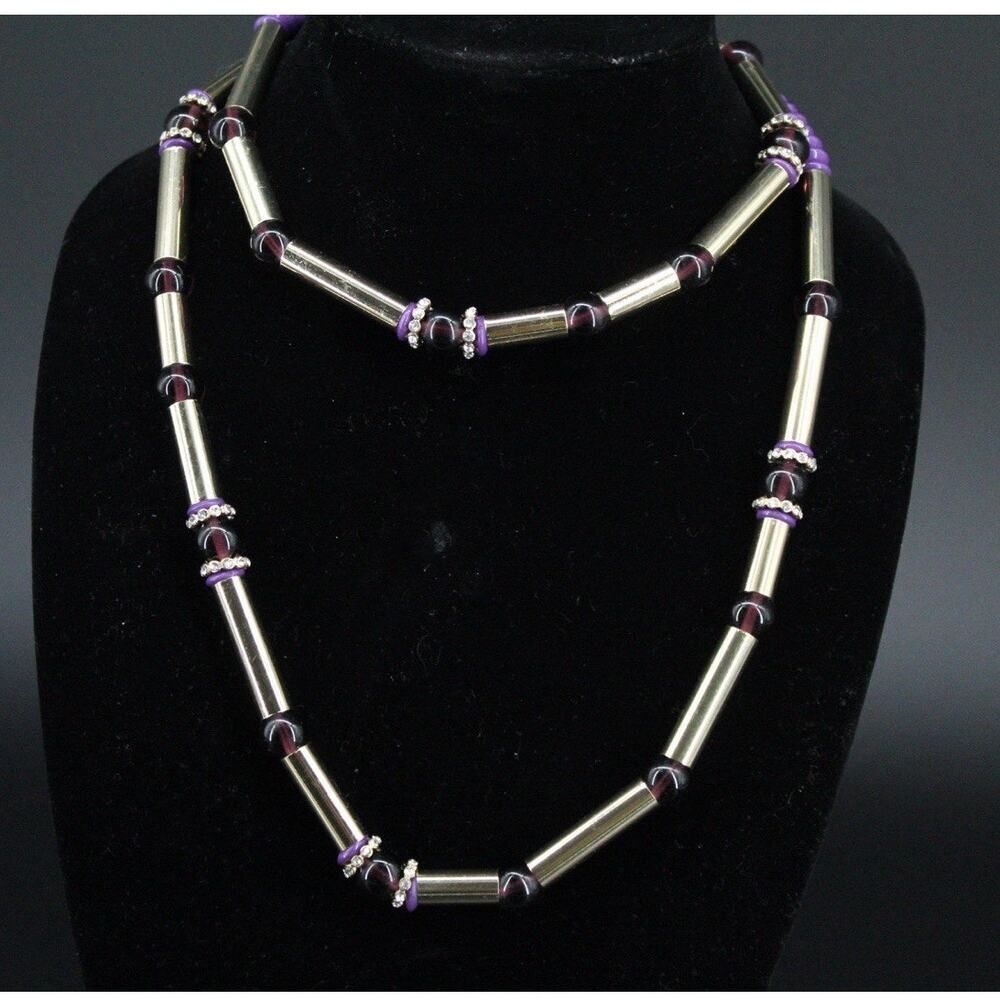 Coldwater Creek Necklace Purple Beads Rhinestone Goldplated Tubes 40" Long